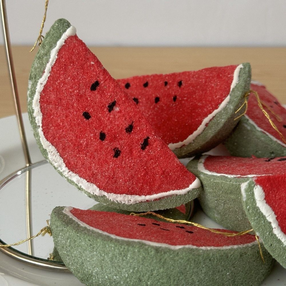 Vtg 70s Handmade Sugared Watermellon‎ Christmas Ornaments Foam Fruit Retro Lot 8